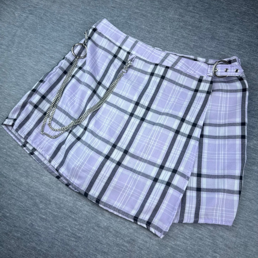 Cult Favorite Purple‎ Plaid Mini Skort Chain Accent Skirt Shorts Women's